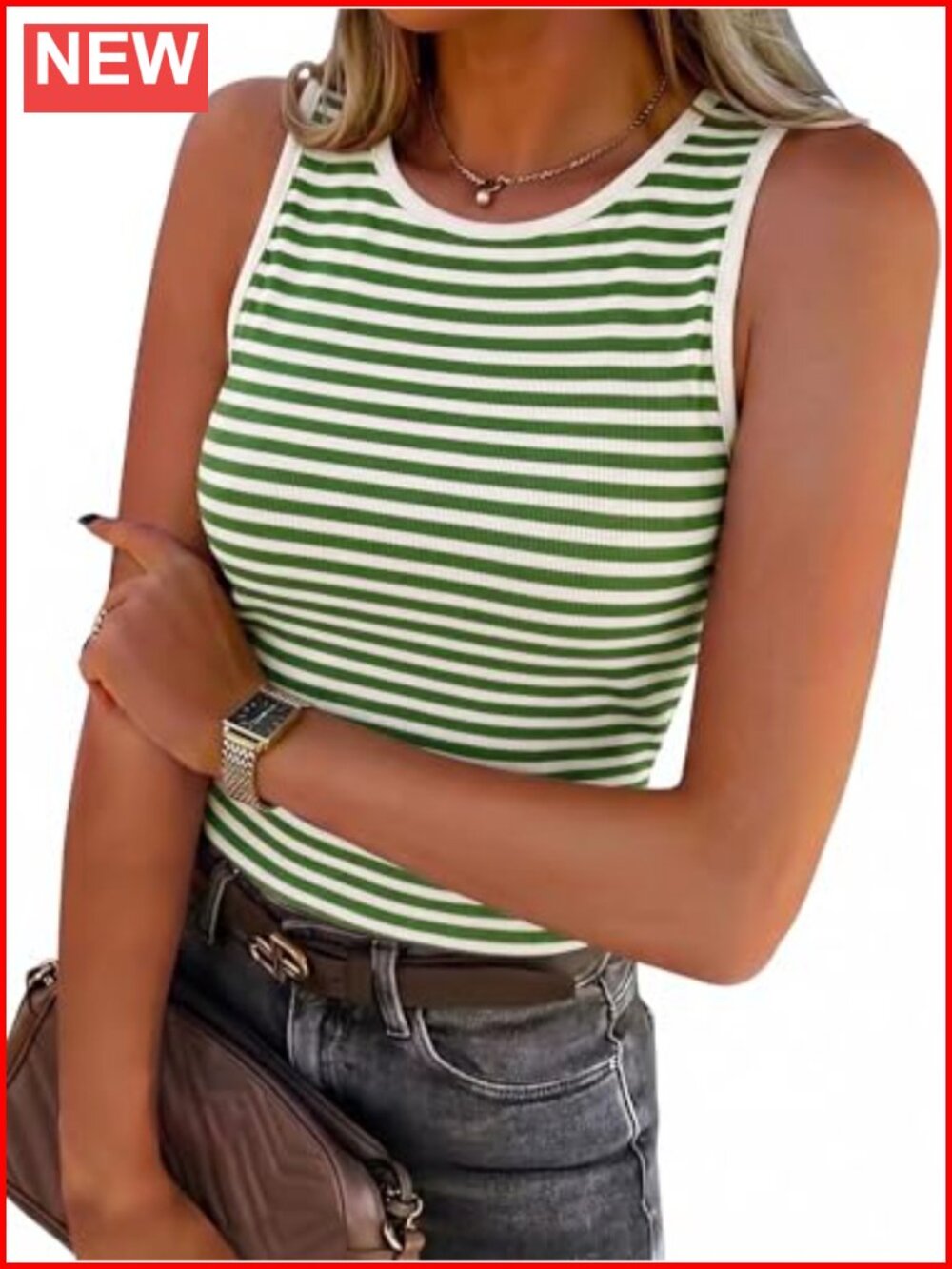 Women's High Neck Sleeveless Striped Ribbed Tank Top Button Back Fitted Knit